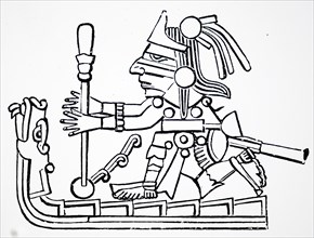 Xiuhtecuhtli using a bow drill, a prehistoric form of drilling tool, which was used to produce fire