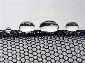 Photograph of water droplets resting on the wide meshes of DRIL-SIL silicone finished nylon net
