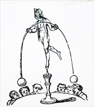 A circus performer balancing atop a podium