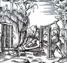 Engraving depicting the use of a lever to work bellows ventilating a mine