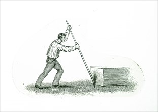 Early nineteenth century illustration of a man using a lever to lift a weight