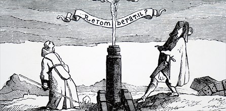 Marin Mersenne performing an experiment to prove the rotation of the earth: ball fired from vertical cannon did not fall back down the barrel