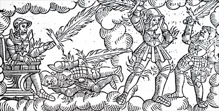 An ancient meteor shower shown as knights fighting in the sky with flaming swords