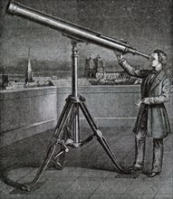 A refracting telescope on an iron stand and fitted with a finder
