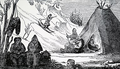 A Lapland encampment with a man approaching in on skis