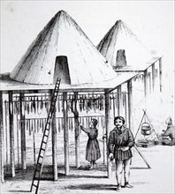 Engraving depicting the inhabitants of Kamchatka and their summer hut