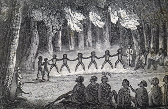 Engraving of native Australians performing a ritualistic dance