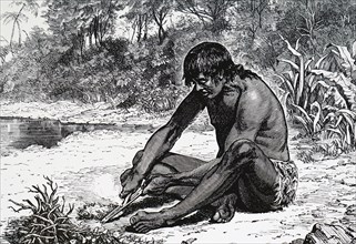 Engraving of a native Australian producing fire