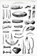 The remains of Stone Age tools including: Polished front wedge, granite wedge or axe, granite wedge or hammer, and pins