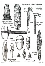 Neolithic Implements including a stone tranchet, stone pick, stone and horn axe, flint knife, stone mallets, axe-hammers made from polished stone and flint arrow-heads