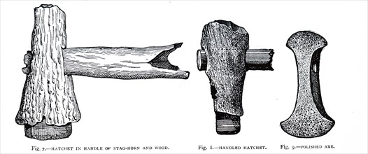 Neolithic Implements including hatchet with a stag horn and wood handle