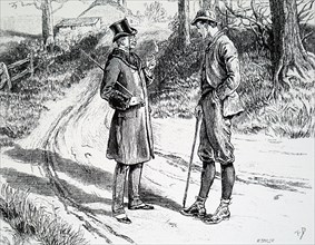 Town and country gentlemen chatting in a hedge-lined country lane