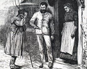 A farm labourer carrying a pitchfork whilst speaking to some of the townsfolk