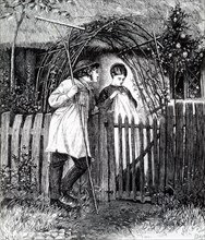 A labourer leaning against the fence of the cottage garden, courting his lover
