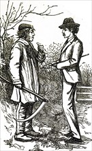 A farm labourer carrying a scythe whilst speaking to some of the townsfolk