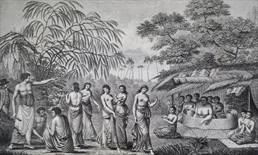 Native Tongan women dancing before Queen Tine