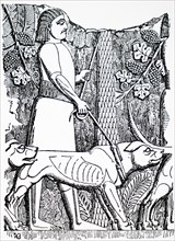 Engraving of a terracotta tablet excavated at Babylon, showing a large dog and its attendant