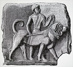 Engraving of a terracotta tablet excavated at Babylon, showing a large dog and its attendant