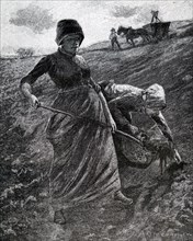 Women planting potatoes by hand