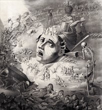Eene aangezigtspyn-phantasie; Print shows scene of fantastical creatures inflicting pain upon the head of a man