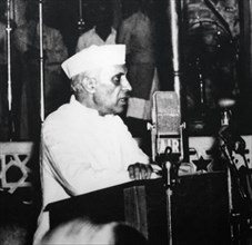 Indian Prime Minister Jawaharlal Nehru addresses parliament after Independence and partition 1947