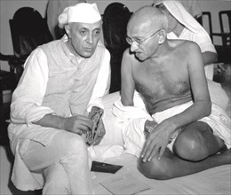 Gandhi with Jawaharlal Nehru, during a meeting of the All India Congress, Bombay, India