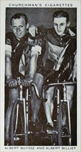 Churchman Kings of Speed Series cigarette card depicting Albert Buysse and Albert Billiet, Belgian cyclists who won the 1938 cycle race at Wembley, London