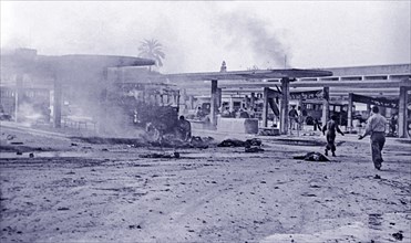 Photograph of a central bus station in Tel Aviv after a bombing by Egyptian forces during the War of Independence 1948