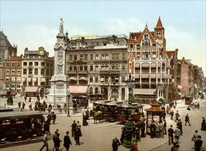 Early colour photochrom view of Dam Square in Amsterdam, Netherlands 1900