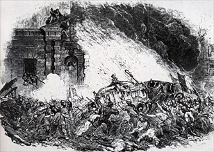 Engraving depicting the burning the royal carriages at the chateau d'eu during the February Revolution of 1848