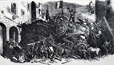 Engraving depicting a barricade made from broken wooden carts and other debris on the Rue St Martin in Paris