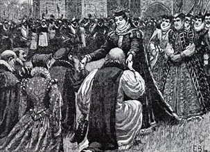 Engraving depicting Mary, Queen of Scots being greeted by state prisoners in the Tower of London