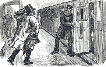 A train guard about to close the carriage door as a flustered man rushes to reach the train before it leaves