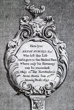 Engraving depicting the gravestone of Henry Purcell