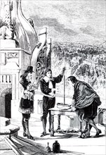 Blaise Pascal carrying out experiments with the mercury barometer on the tower of St Jacques-la-Boucherie, Paris