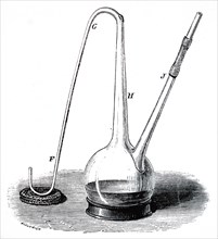 Engraving depicting an Louis Pasteur experiment demonstrating that fermentation and putrefaction are caused by air-borne organisms