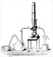 Engraving depicting Louis Pasteur's first apparatus for cooling and fermenting wort during his work on beer