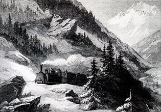 A locomotive pulling a train towards the Mont Cenis Tunnel which linked France with Italy