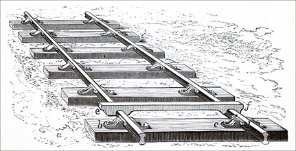 Diagram of rails fastened to sleepers by iron chairs and firmly held by oak wedges