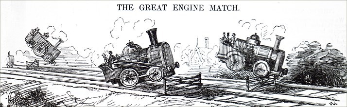 Engraved cartoon titled 'The Great Engine Match'