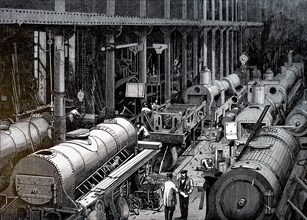 The manufacture floor of the Robert Stephenson and Company, a locomotive manufacturing company founded in1823