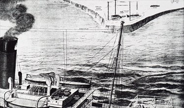 Illustration explaining the operation of wireless telegraphy at sea
