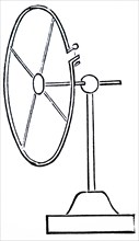 Heinrich Hertz's resonator, a nearly closed 210cm wire circle, one end pointed and the other ending in a ball, and mounted on a wooden stand
