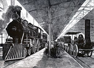 A scene from the Chicago World Fair exhibition of locomotives