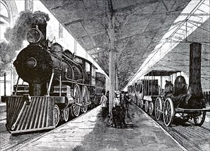 A scene from the Chicago World Fair exhibition of locomotives
