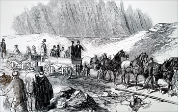 Queen Victoria and Prince Albert riding on the quarry railway during their visit to the stone quarries in Holyhead Mountain from which stone was obtained for Holyhead Harbour