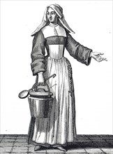 A 17th century member of the Daughters of Charity of Saint Vincent de Paul giving food to the poor