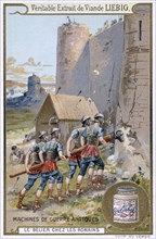 Liebig chromolithograph card showing Roman soldiers besieging a castle wall using a battering ram
