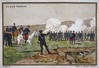 chromolithograph card showing French soldiers, in action using artillery