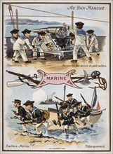 chromolithograph card showing French boy sailors and marines